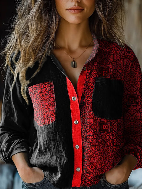Symmetrical Ethnic Art Printed Women's Casual Long Sleeve Comfortable Cotton Shirt