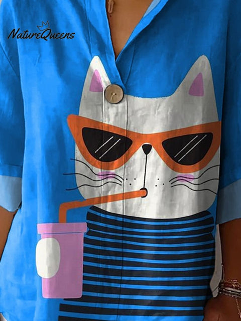 Cartoon Cat In Summer Graphic Printed Women's Casual Cotton Linen Shirt