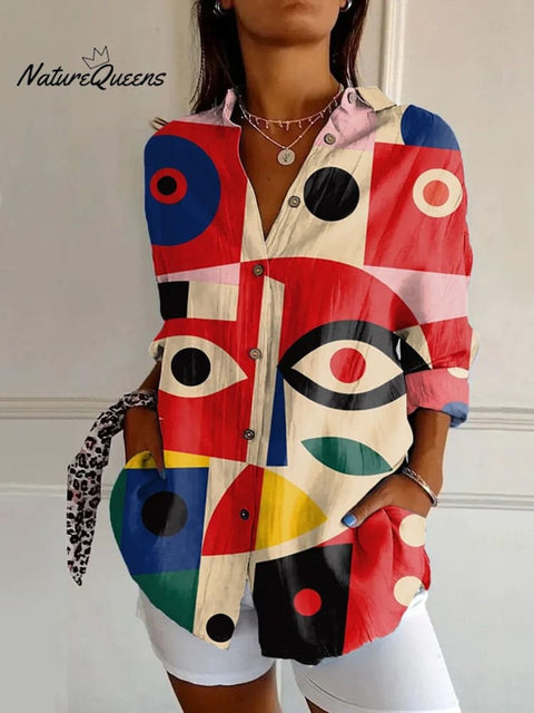Abstract Geometric Eye Pattern Printed Women's Casual Cotton Shirt
