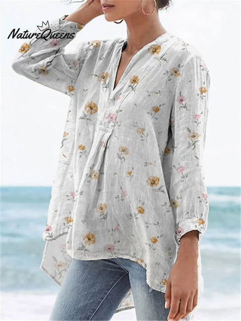 Petite Spring Floral Pattern Printed Women's Casual Linen V-neck Shirt