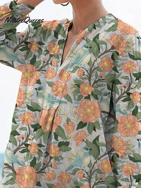 Birds And Spring Floral Bush Pattern Printed Women's Casual Linen V-neck Shirt
