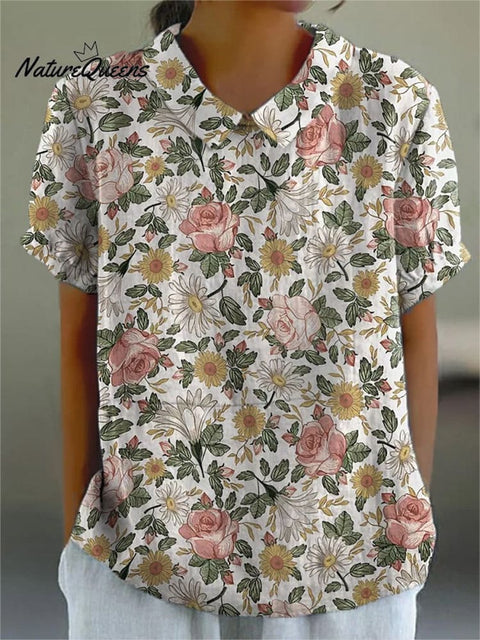 Retro Style Romantic French Garden Pattern Printed Women's Casual Cotton And Linen Shirt