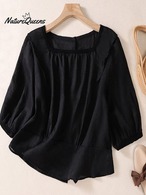 Cotton Linen Square Neck Loose Pullover Shirt