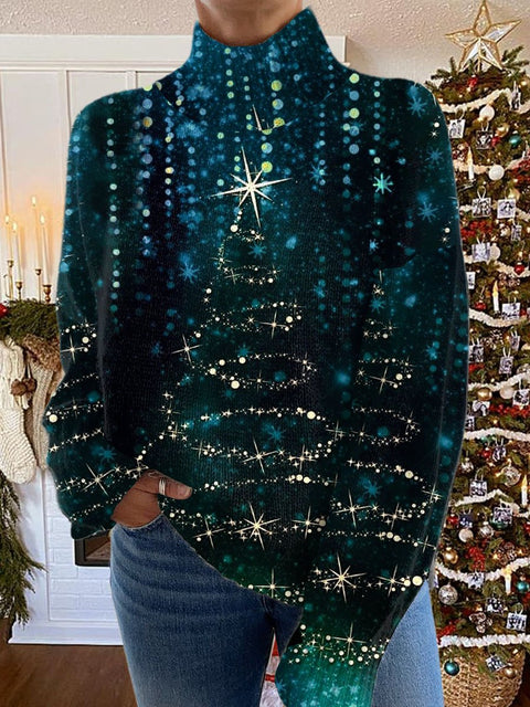 Glitter Christmas Print Knit Turtleneck Pullover Sweater