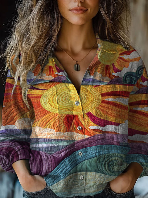 Women's  Retro Art Print Casual Long Sleeve Comfortable Cotton Shirt