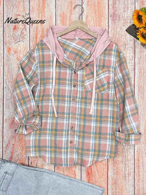 Women's Hooded Colorblock Plaid Stylish Casual Shirt Jacket