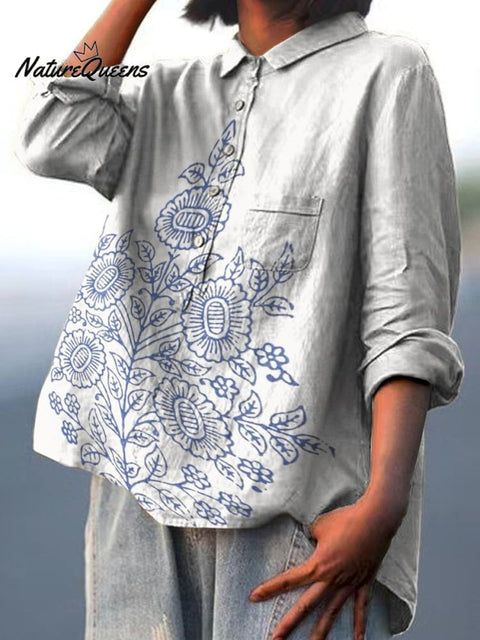 Symmetrical Lines Sunflower Decorative Pattern Casual Cotton And Linen Shirt