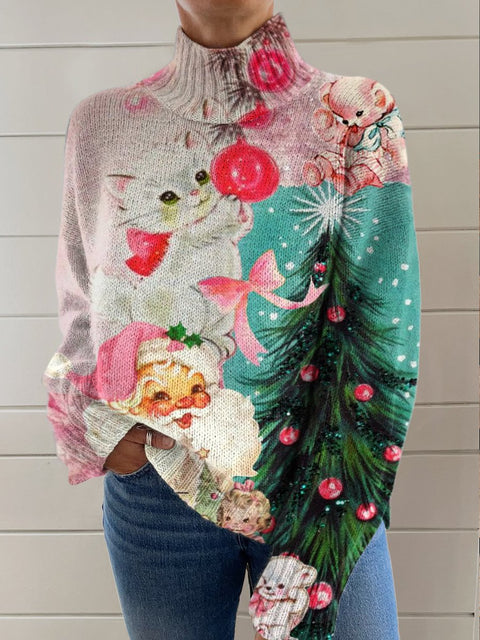 Retro Pink Cat Christmas Print Knit Turtleneck Pullover Sweater