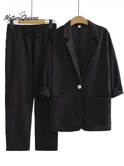 Women's Solid Color Loose Casual Cotton And Linen Jacket Pants Suit