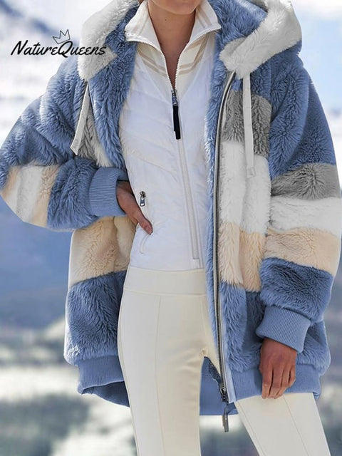 Autumn and Winter Loose Plush Multicolor Hooded Jacket