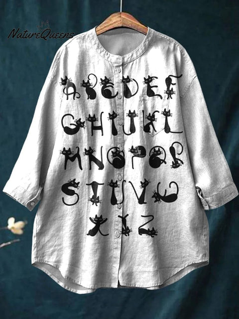 Lovely Cat Alphabet Pattern Printed Women's Casual Cotton And Linen Shirt