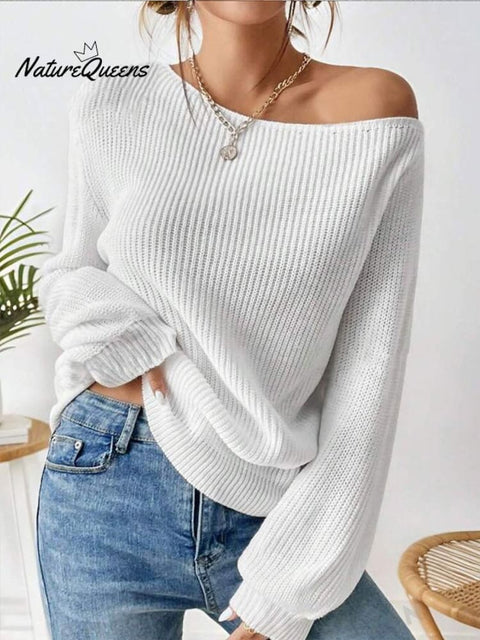 Autumn and Winter Off-shoulder Round Neck Pullover Knitted Solid Color Loose Boat Neck Sweater