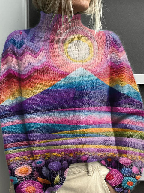 Sunset Mountain Peaks and Flower Fields Art Print Knit Turtleneck Pullover Sweater