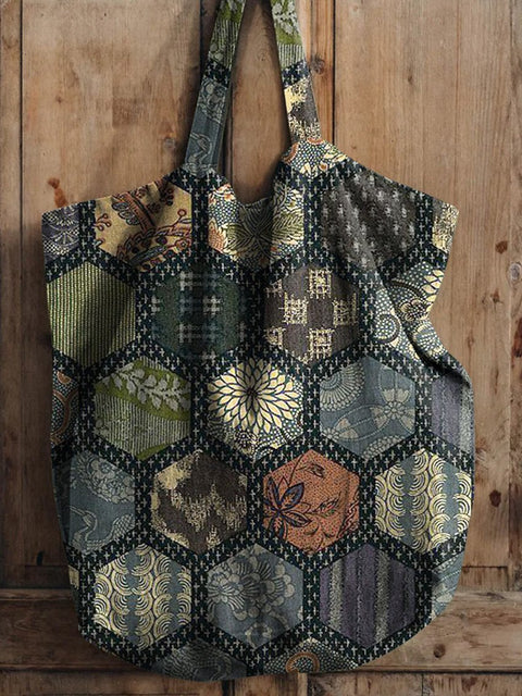 Japanese Style Patchwork Pattern Printed Linen Tote Bag