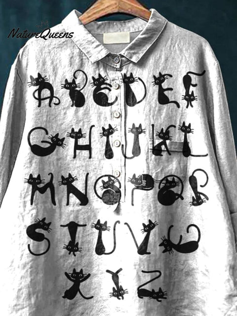 Lovely Cat Alphabet Pattern Printed Women's Casual Cotton And Linen Shirt