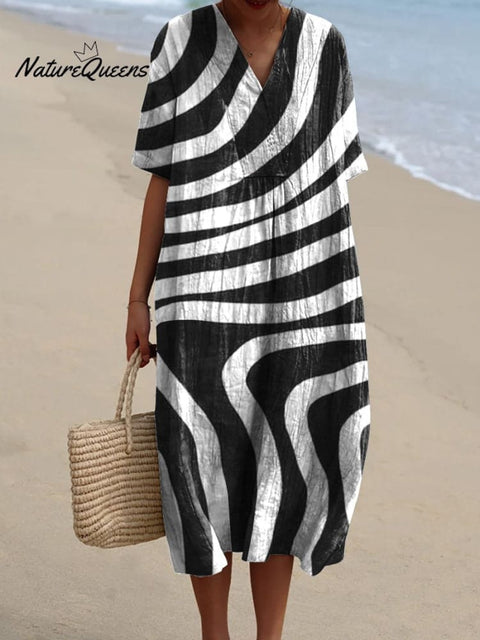 Black And White Abstract Swirl Art Printed Women's Flowy Dress