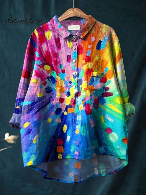Women's Colorful Art Print Casual Cotton And Linen Shirt