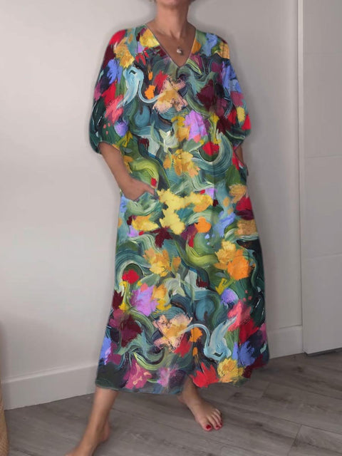 Oil Painting Art Style Garden Decorative Pattern Pocket V-neck Cotton Dress