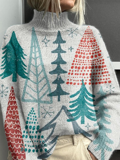 Simple Colorful Christmas Tree In Winter Print Knit Turtleneck Pullover Sweater