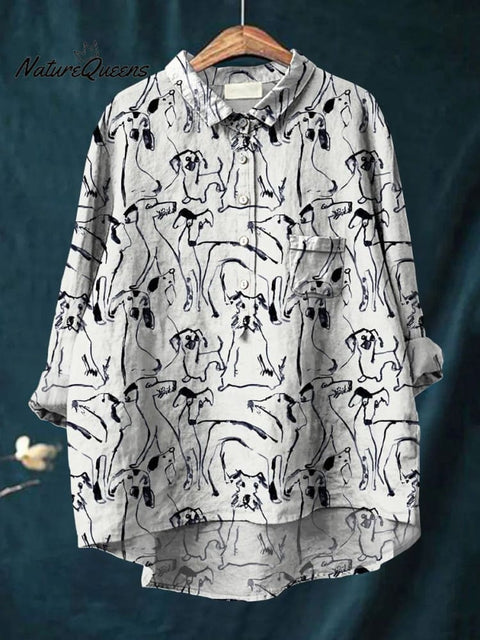 Women's Dog Art Print Casual Cotton And Linen Shirt