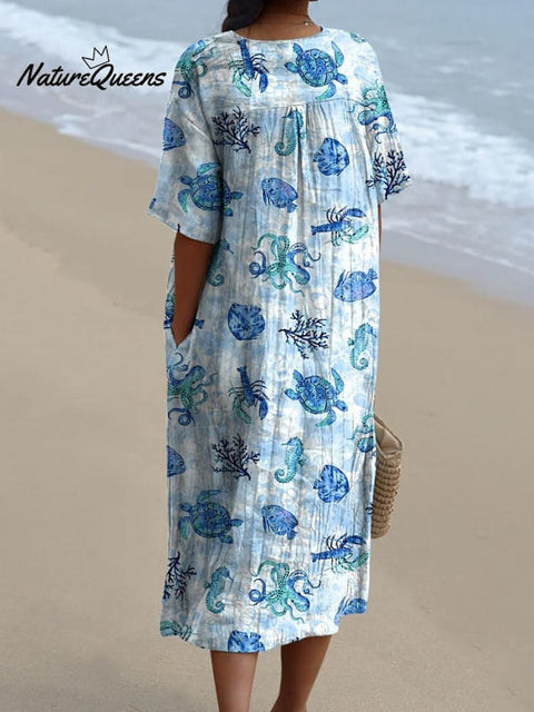 Ocean Blue Sea Creatures Pattern Printed Women's Flowy Dress