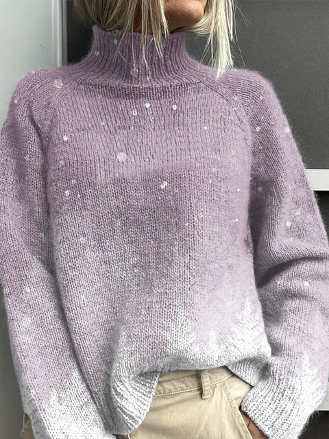 Purple Snowflakes Dream Winter Print Knit Turtleneck Pullover Sweater