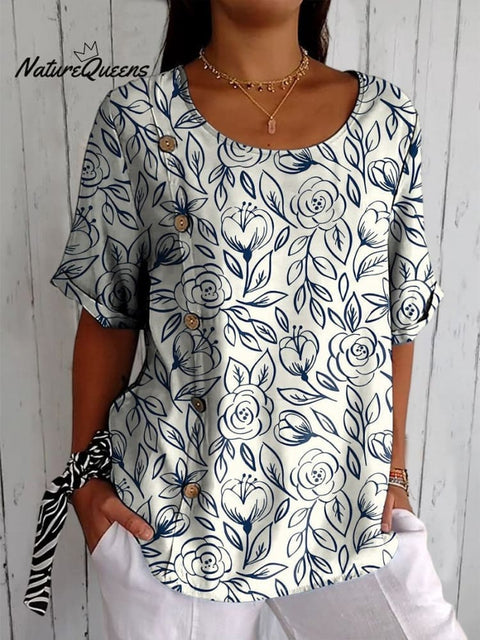 Hand Drawing Style Rose Pattern Printed Women's Casual Cotton Shirt