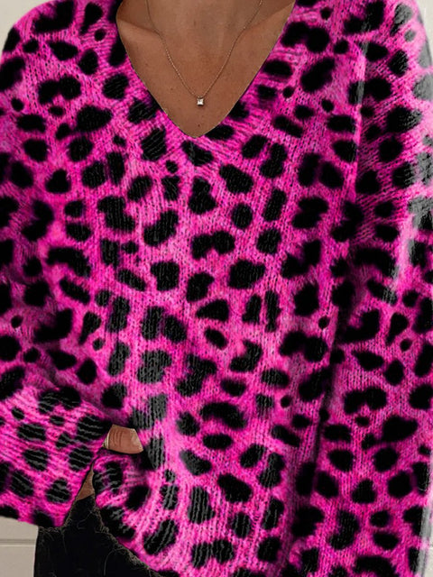 Black And Pink Hot Leopard Print Pattern Printed Women's Casual V-Neck Pullover Knit