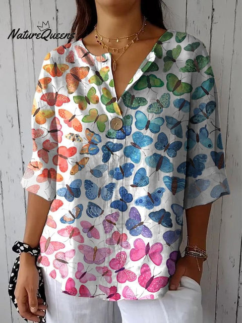 Rainbow Ombre Butterfly Pattern Printed Women's Casual Cotton Linen Shirt