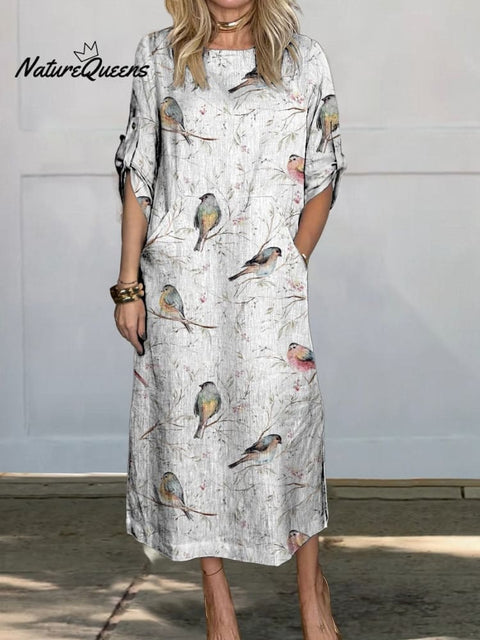 Lovely Spring Birds On Bough Repeat Pattern Printed Women's Comfortable Linen Pocket Dress
