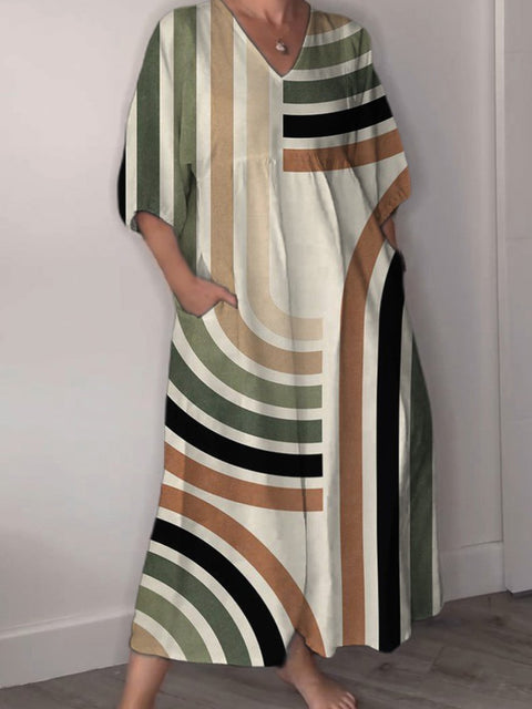 Abstract Geometric Art Printed Women's Pocket V-Neck Cotton Dress
