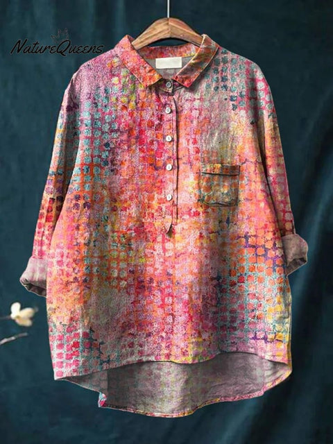 Abstract Geometric Pattern Printed Women's Casual Cotton And Linen Shirt