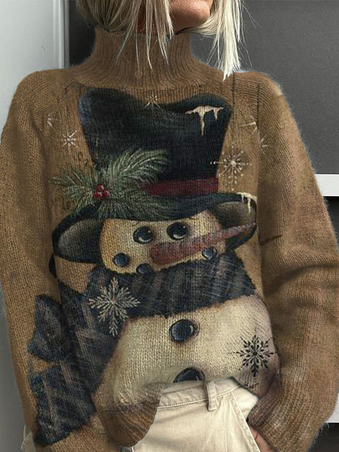 Retro Snowman Art Print Knit Turtleneck Pullover Sweater