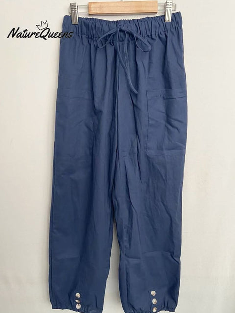 High - Waisted Buttoned Cotton And Linen Pants Cropped Navy Blue / S