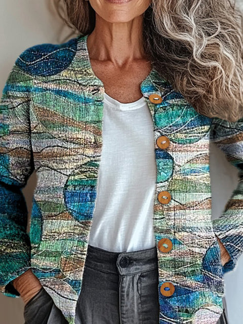 Abstract Geometric Art Printed Buttoned Cardigan Sweater