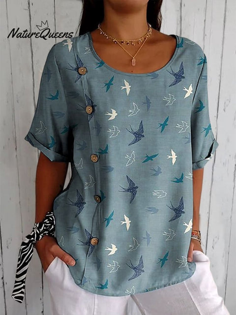 Lovely Swallow Pattern Printed Women's Casual Cotton Shirt