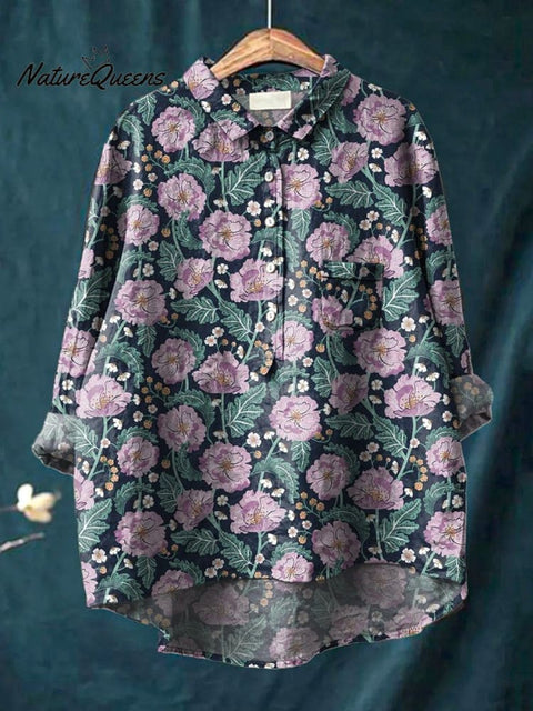 Midnight Camellia Floral Pattern Printed Women's Casual Cotton And Linen Shirt