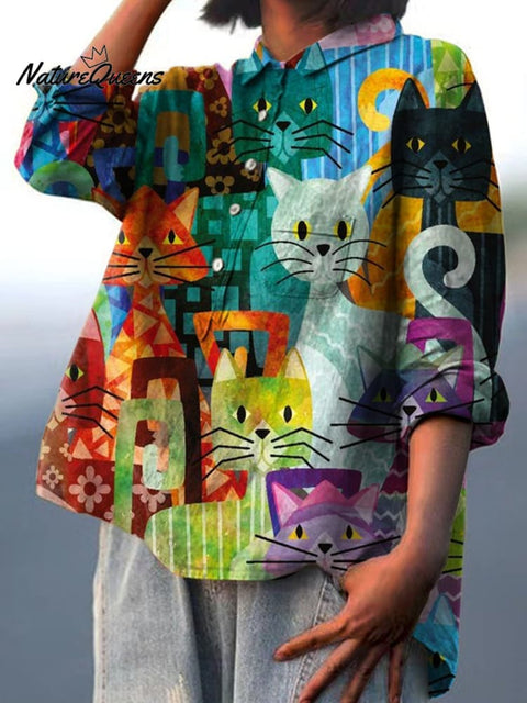 Women's Retro Colorful Cat Illustration Print Casual Cotton And Linen Shirt