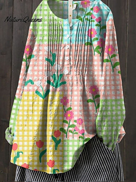 Lovely Floral And Tartan Pattern Printed Women's Casual Cotton And Linen Shirt