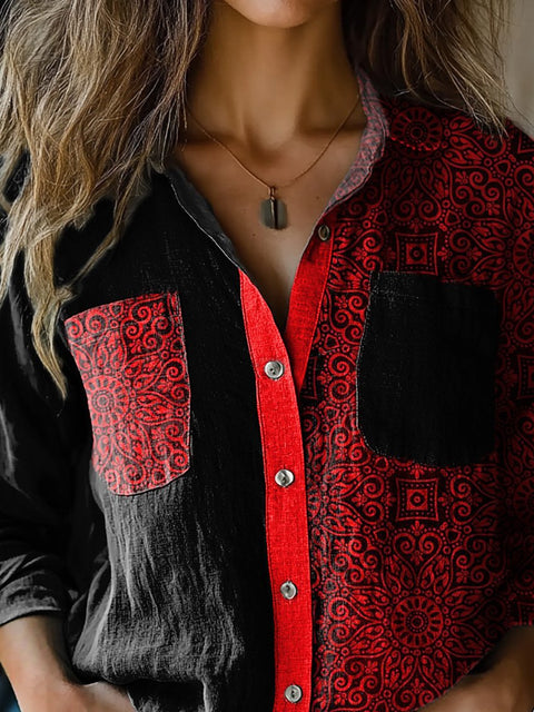 Symmetrical Ethnic Art Printed Women's Casual Long Sleeve Comfortable Cotton Shirt