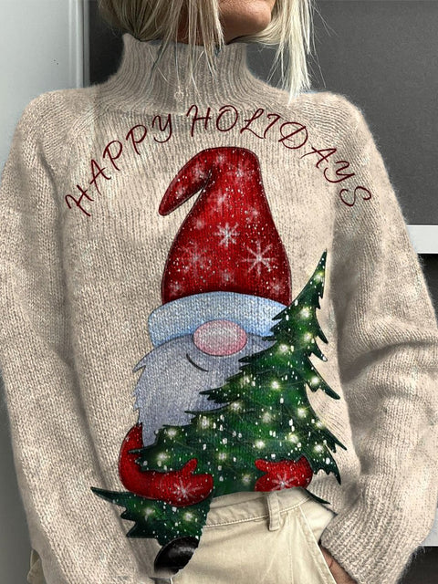 Happy Christmas Holiday Print Knit Turtleneck Pullover Sweater