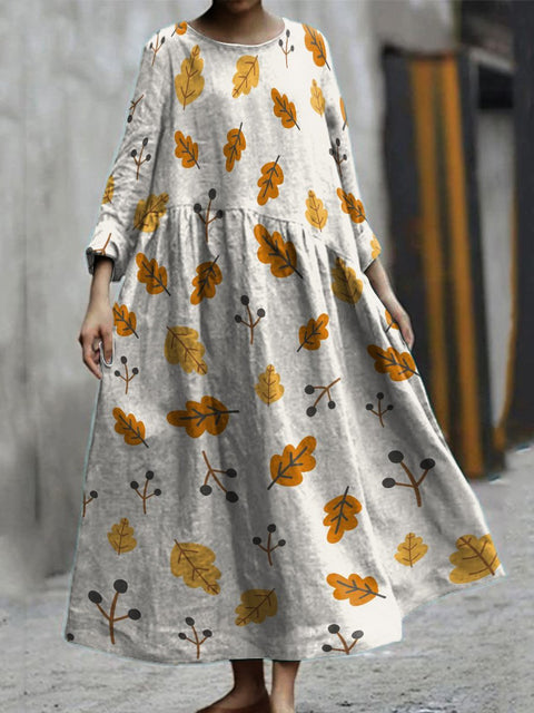 Autumn and Winter Fallen Leaves Decorative Pattern Pocket Cotton Dress