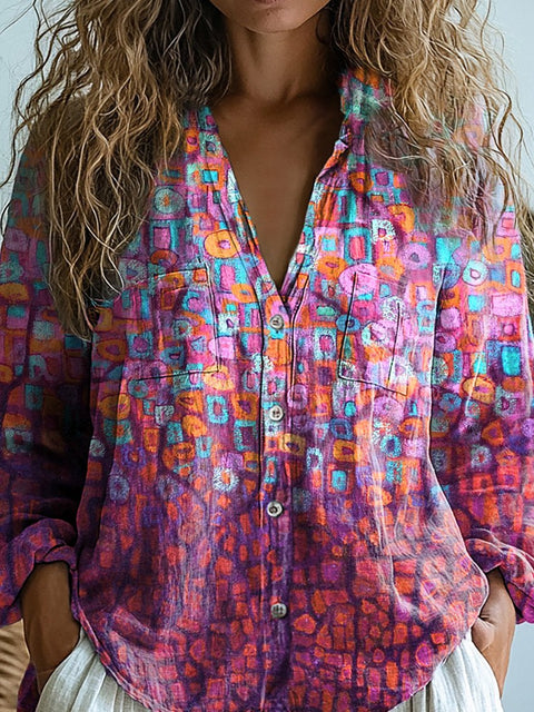 Abstract Geometric Oil Painting Pattern Printed Women's Casual Long Sleeve Comfortable Cotton Shirt