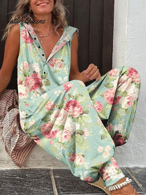 Women's Fresh Retro Flowers Print Casual 100% Cotton Wide Leg Jumpsuit