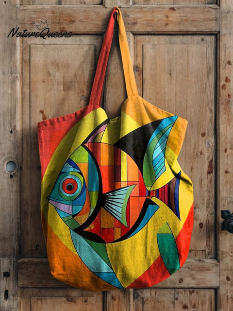 Geometric Tropical Fish Art Printed Linen Tote Bag