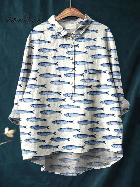 Women's Small Blue Sardine Print Print Casual Cotton And Linen Shirt
