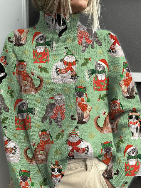 Lovely Christmas And Cats Pattern Printed Knit Turtleneck Pullover Sweater