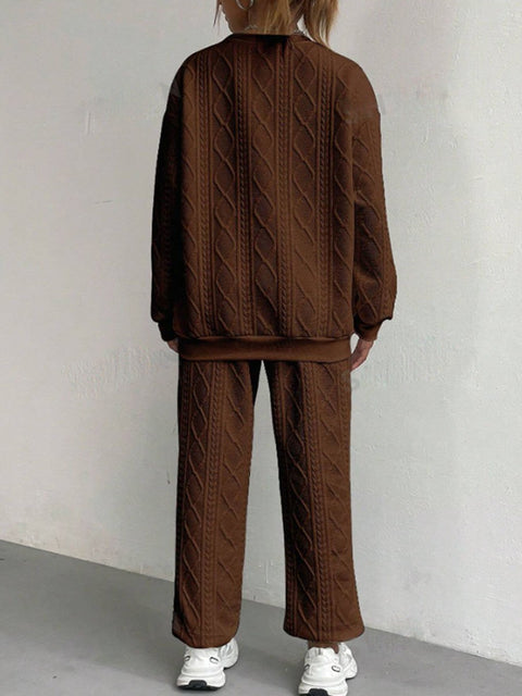 Women's Jacquard Long Sleeve Casual Round Neck Sweatshirt and Pants Suit
