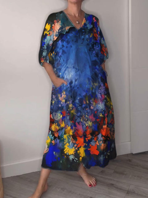 Garden Decoration Pattern At Night Pocket V-neck Cotton Dress