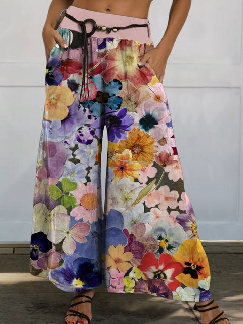 Women's Lovely Flowers Art Print Casual Wide Leg Pants